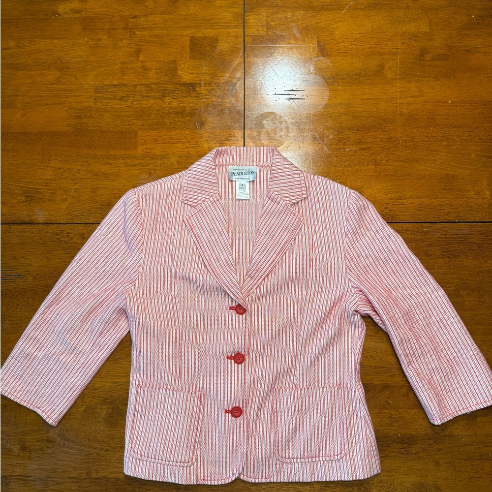Red and White striped Pendleton women’s cropped blazer with 3/4 sleeves